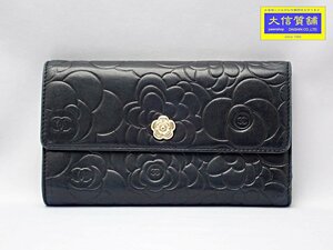 CHANEL シャネル カメリア エンボス 三つ折り 長財布 ラムスキン ブラック 中古B 【送料無料】 A-8300