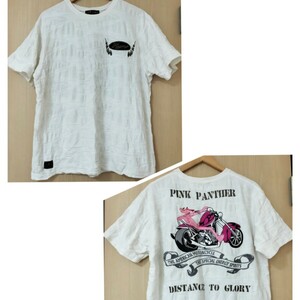 S■ PINK PANTHER × FLAGSTAFF ピンクパンサー フラッグスタッフ コラボ メンズ 半袖Tシャツ XLサイズ 白 ホワイト 綿 トップス ロゴ 刺繍
