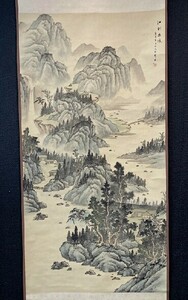 【模写】【中国掛軸】中堂 竹人「江村幽境 山水図」絹本 検)南画/文人画 南宋画/書画/掛け軸/中国/山水/日本画/花鳥/風景/水墨