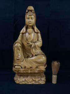 【福蔵】木彫 觀音 仏像 一本彫 仏教美術 置物 本物 天然木 高39.3cm