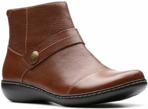 送料無料 Clarks 26.5cm W ブーツ レザー 革 ダークタン ブラウン ウエッジ ジッパー ブーティー ローファー フラット スニーカー ST65