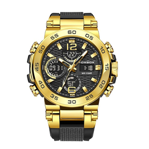 LIGE メンズ 腕時計 8622 高品質 クオーツ ミリタリー スポーツ デュアル ディスプレイ ウォッチ foxbox 防水 時計 ゴールド