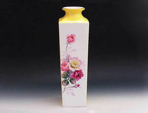 手描き 薔薇絵 ボーンチャイナ 四角花瓶 ◆ プレミアノリタケ 