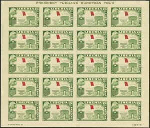 外国切手　リベリア　未使用　1958年　タブマン大統領訪欧　フランス　無目打　青印刷モレエラー　20面シート