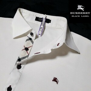 【名作・傑作】BURBERRY BLACK LABEL バーバリーブラックレーベル ホース刺繍 前立ノバチェック 鹿の子 ポロシャツ 白 日本製 サイズ3（L）