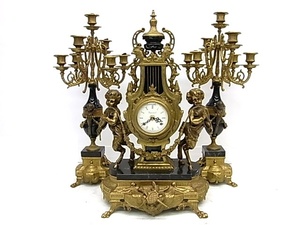 e9654　大理石　真鍮製　時計　置時計　燭台　Tmpevial製　天使　動作確認済　分解掃除済　修復あり