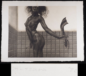 【真作】A_VB51_写実 リアリズム 細密 1982年 津留雅美 「風呂場」 銅版画 エッチング 6/30 直筆サイン 51.5cm×71cm 裸婦画 美人画