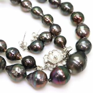 ＊南洋黒蝶真珠ネックレス・ピアス＊m 46.2g 43.0cm 8.0~11.0mm 黒真珠 pearl jewelry necklace earring pierce silver DB0/DH0