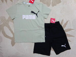 送料込み!!★新品★PUMA プーマ★140★人気の２カラーロゴTシャツ(ライトグリーン)・ハーフパンツ(ブラック)★上下★即決