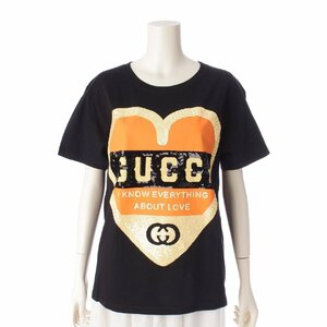 【グッチ】Gucci　20SS ロゴ ハート スパンコール 半袖 Tシャツ カットソー 492347 ブラック XS 【中古】【正規品保証】198325