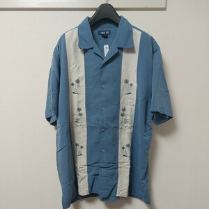 チェロキー US古着 ラインシャツ ヤシの木刺繍 ブルー グレー サイズL レーヨン 05F2901mel