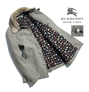 美品【名作】バーバリーブラックレーベル モノグラム ウールジャケット L 銀ボタン ホース刻印 刺繍 ラビットファー コート メンズ