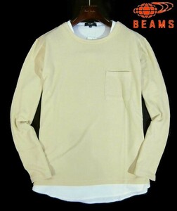 D木04951新品▼春物 ビームス BEAMS レイヤード風 長袖Tシャツ 【 L 】 長袖カットソー 梨地 重ね着 ロンT くすみイエロー系