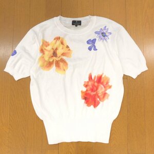 LANVIN COLLECTION ランバンコレクション 花柄 コットンニット セーター 38(M) 白 ホワイト 日本製 半袖 カットソー Tシャツ レディース