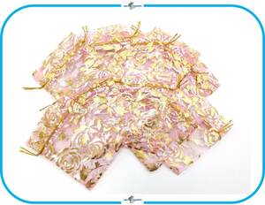IMK6 レース巾着 オーガンジー ピンク バラ 20枚 ローズ 薔薇 ラッピング 材料 プレゼント 小袋 キラキラ デザイン ゴールド バレンタイン