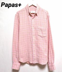 美品 Papas+ PAPAS パパスプラス ボタンダウンシャツ 柔らかコットンガーゼ生地 長袖 トップス メンズウエア 紳士 Mサイズ 春物