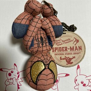 USJ スパイダーマン ぬいぐるみ キーチェーン マスコット デニム生地 カラーデニム ハンギングポーズ 逆さ吊り 2019年 春