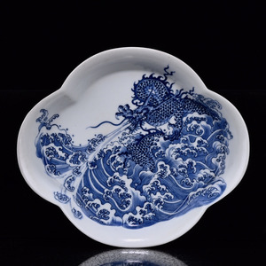大清雍正年製款 青花海水龍紋盤 唐物 陶磁器 中国美術 工芸品 RB46