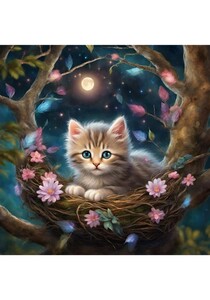 子猫　森　花　月星　ねこ　イラスト 絵画　絵　インテリア　Ｌ版プリント ★NO107