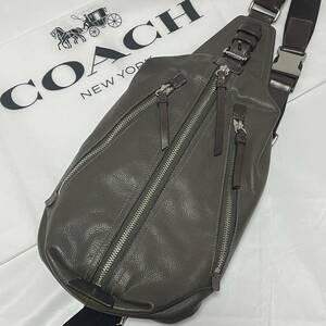 【良品 希少色】COACH コーチ ショルダーバッグ ボディバッグ トンプソン ビジネス レザー メンズ クロスボディ カーキ 斜め掛け 人気 1円