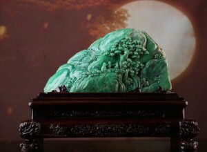 ■観心・時代旧蔵■C4761寿山石 翡翠緑 松下雅聚 寿山石細密彫 擺件 置物 賞物