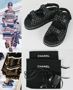 16SS CHANEL シャネル ツイード チェック スポーツ サンダル 38.5 ライト付き b6622