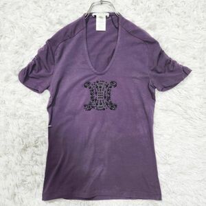 1円【美品・存在感】セリーヌ Tシャツ S トリオンフ 伸縮性 ビジュー 半袖 レディース CELINE カットソー トップス ロゴ 伸縮性 フランス製