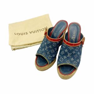 【良品】ルイヴィトン LOUIS VUITTON モノグラムデニム エスパドリーユ ウェッジソール サンダル 36 インディゴブルー × レッド