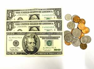 【4356】外国銭 旧紙幣 アメリカ ドル札 アンティーク コレクション アメリカドル 20ドル札/1996 1ドル札 セント コイン 通貨 計22ドル以上