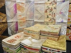 平和屋川間店■1円 袋帯 西陣 まとめて100点 向い鳳凰 孔雀 向い鶴 人物 風景 楽器 花柄 宝相華 正倉院 金糸 未使用品あり 全て正絹 zzz053