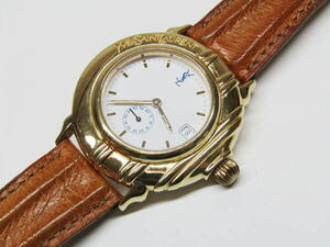 イヴ サンローラン メンズ腕時計 スモセコ デイト クォーツ 純正ベルト 金色 稼働品 /イヴ・サンローラン