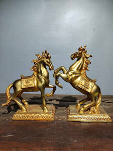 【古寶奇蔵】銅製・塗金・馬到功成一對・置物・賞物・中国時代美術