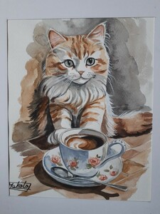 水彩画　子猫のコーヒータイム