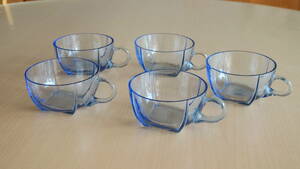 【昭和レトロ】青ガラス　コーヒーカップ　5点　プレスガラス　ゆらゆら