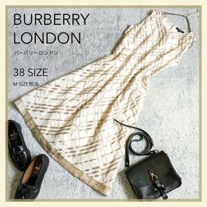 【BURBERRY LONDON】バーバリーロンドン シルク混 ラメ ノバチェック柄 Aラインワンピース ノースリーブ 38サイズ ベージュ