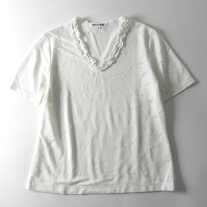 ハナエモリ HANAE MORI フリルVネック 透かしロゴデザインTシャツ トップス 半袖 接触冷感 M ホワイト日本製 l0425-21
