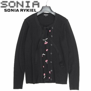 ◆SONIA RYKIEL ソニアリキエル チェリー さくらんぼ柄 切替 リボン ドッキング ニット トップス 黒 ブラック 46