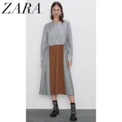 ZARA パッチワーク 異素材 切り替え ロングワンピース 総柄 リボン