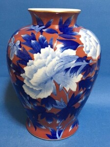 ◎深川製磁　染錦牡丹外赤　31.5cm大花瓶◎