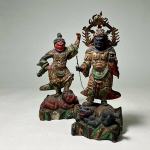 【京全】時代物 玉眼 総木彫彩色四天王立像 ( 増長天・多聞天 ）高さ：15cm 仏教美術 毘沙門天