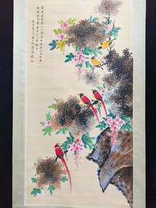 中国書画 【中国近現代 梅蘭芳 花鳥 大四尺中堂画】 手描き 紙本 掛軸 時代物 中国古画 中国美術 置物 賞物 古美術品 AC163