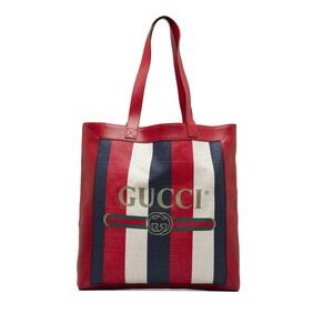 グッチ ロゴ トリコロール トートバッグ ショルダーバッグ 523781 レッド ネイビー ホワイト キャンバス レザー GUCCI 【中古】