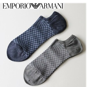 《EMPORIO ARMANI エンポリオアルマーニ》箱付新品 ブロックチェック柄 ソックス2足セット 靴下 25~27cm プレゼントにも A9393