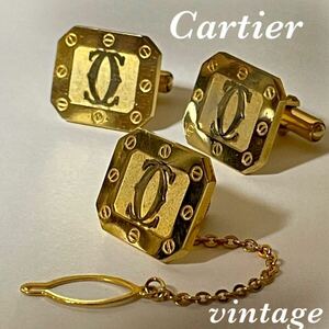 ビンテージ 希少■ Cartier カルティエ ロゴ タイピン（タイタック） カフス カフスボタン セット ゴールド 金色 男性 メンズ アクセサリー