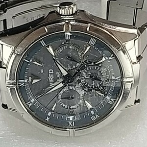 訳あり 腕時計 SEIKO WIRED SOLAR 10BAR TripleCalendar V14J-0BV1 シルバー盤 純正バンド