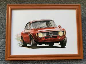 ■BOW。池田和弘『Alfa Romeo Giulia Sprint GTA』B5サイズ 額入り 貴重イラスト 印刷物 ポスター風デザイン 額装品 アートフレーム 旧車