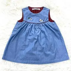 ファミリア ワンピース スカート ノースリーブ チェック 刺繍 ブルー 80