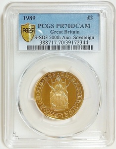 1989年 イギリス エリザベス2世 ソブリン発行500年 2ソブリン 2ポンド プルーフ金貨 PCGS PR70 DCAM チューダーローズ アンティークコイン