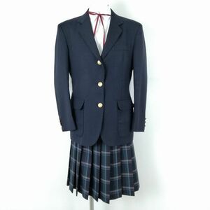 1円 ブレザー チェックスカート 紐タイ 上下4点セット 160A 冬物 女子 学生服 中学 高校 紺 制服 中古 ランクC NA4960