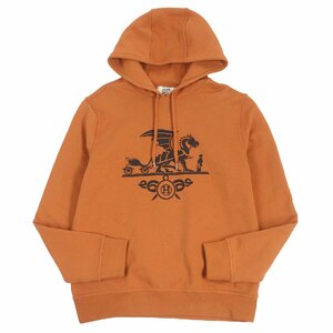 美品□HERMES エルメス 19AW コットン エクスリブリス ドラゴン ラムレザーパッチ フーディー プルオーバーパーカー オレンジ M イタリア製